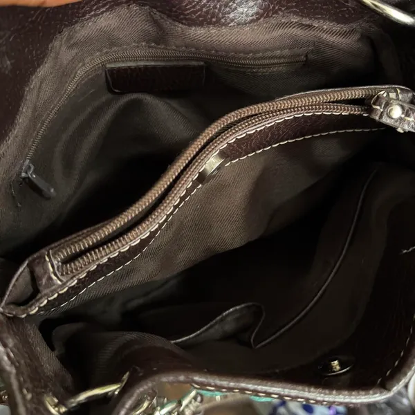 Y2K 2000s Western Mcbling Bimbo Goth Leather Rhinestone Large Buckle Hand Shoulder Bag Purse Preppy bedazzled silver stud blue turquoise brown #cowgirl #whimsygoth #grunge #punk #stagecoach festival Measurement in pics Some distressing see pics - Image 5
