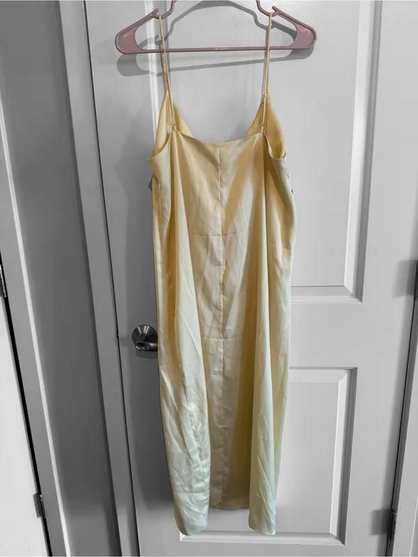 H&M Cream Satin Slip Midi Dress with Side Button Slit and V-Neck - Image 4