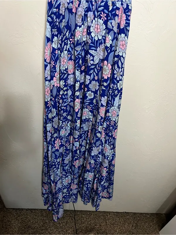 Abel The Label Blue Pink Floral Tie Back Bell Cottage Front Slit Maxi‎ Dress - Image 4