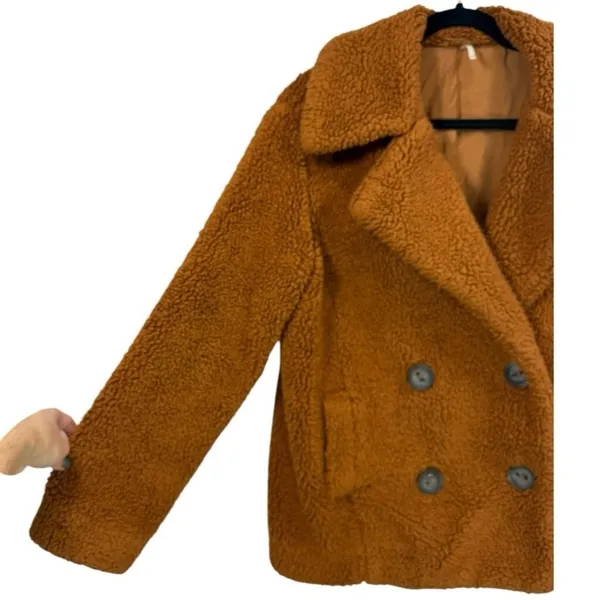 Free People Womens Teddy Peacoat Rust Orange Faux Fur Sherpa Jacket Size XS - Image 9