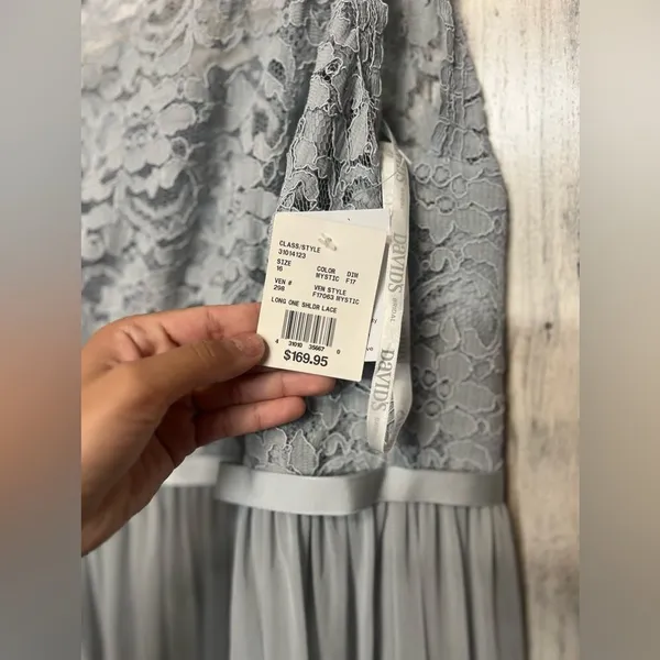 David’s Bridal One-Shoulder Lace Chiffon Gown – Misty Blue – Size 16 – NWT - Image 6