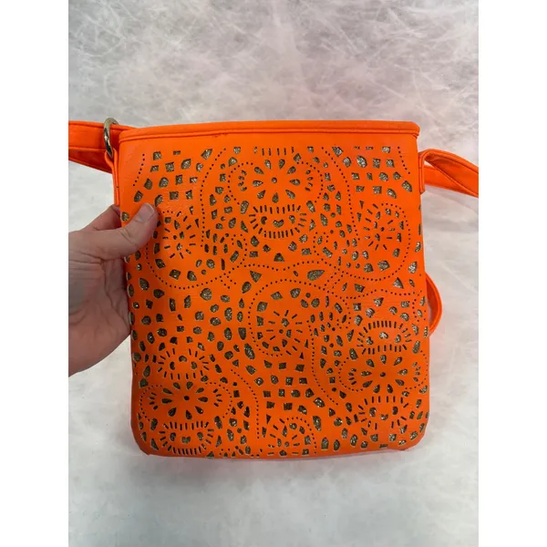 Olivia Miller Neon Orange Laser Cut‎ Glitter Crossbody Bag Womens Floral Small - Image 2