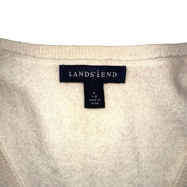 Lands End Cashmere Argyle V-Neck Cream Blue Sweater SMALL - Image 3