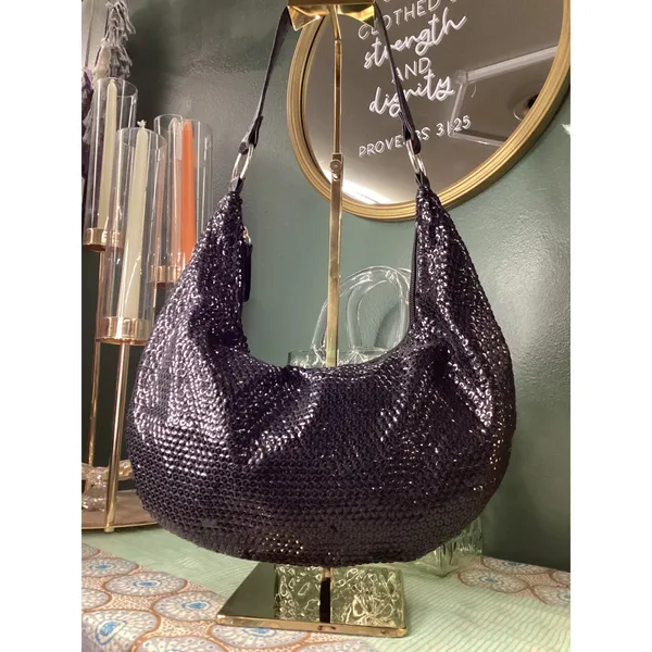 Giannini Black Sequin Hobo Shoulder Bag‎ with Scarf Accent Faux Leather Strap - Image 3