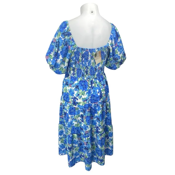 NEW BTFBM Blue Floral Short Puff Sleeve Cutout Tiered Maxi Midi A-Line Dress XXL - Image 2