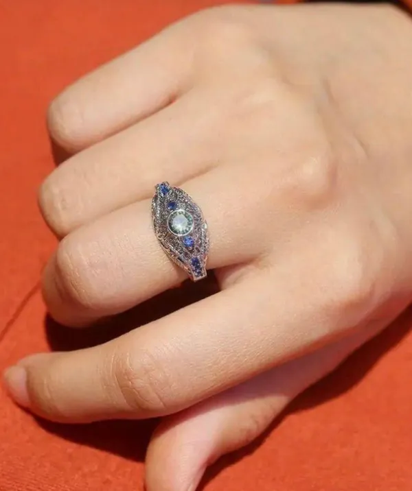 Luxury Retro 925 Silver Geometric Pattern Inlaid Ring Size 7 - Image 2