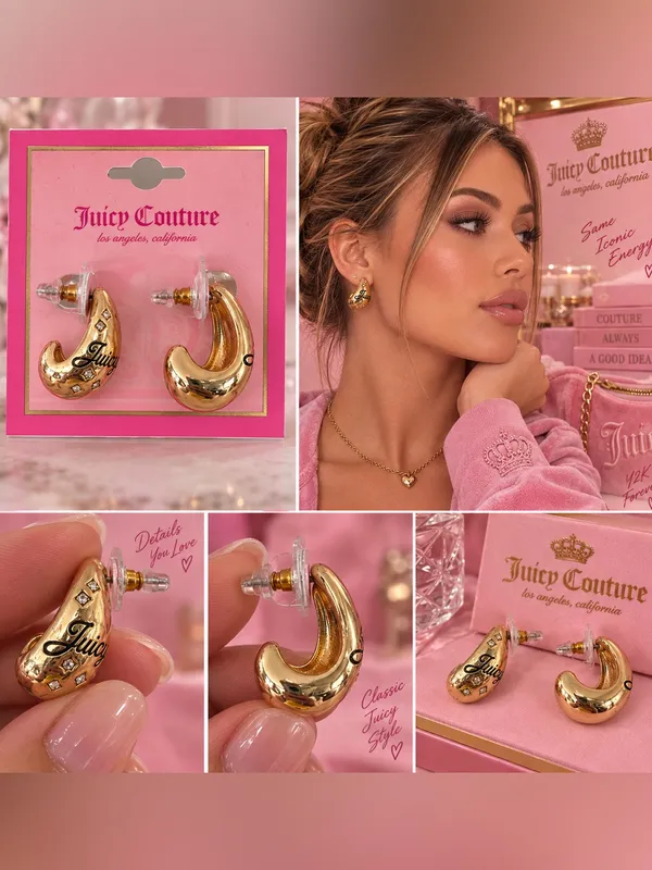 Juicy Couture Gold Crescent Hoop Earrings with Logo Accents - Image 2