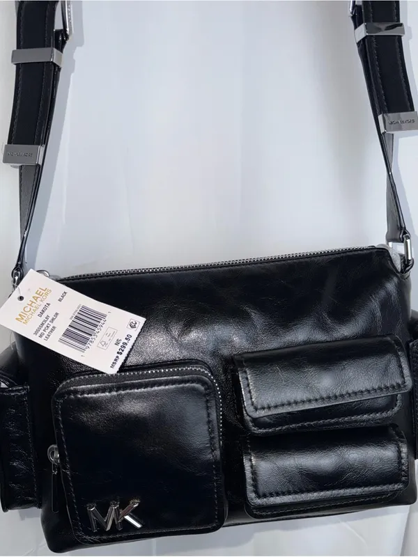 Michael Kors Black Leather Messenger Bag with Front Pocket Details - Image 2