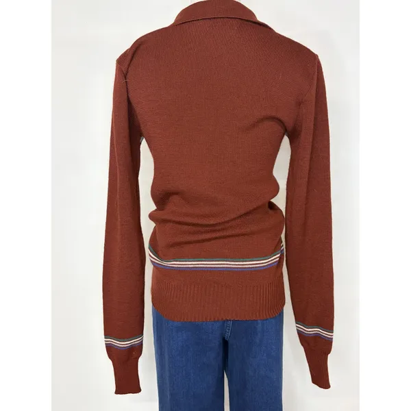Vintage Falcon Court Burgundy Striped Knit Polo Sweater Brown Blue Green M - Image 4