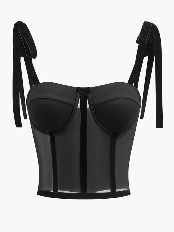 Commense Sheer Mesh Tie-Shoulder Corset Crop Top Black Size Small NWT - Image 2