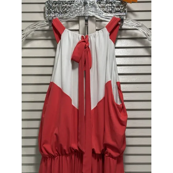 Vince Camuto Coral/Tan Chevron Halter Maxi Dress Size 4‎ Tie Back Elastic Waist - Image 6