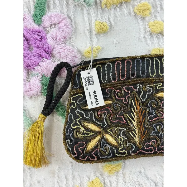 Sudha Beaded Coin Purse Black Gold Floral Embroidered Tassel Wristlet Pouch NWT‎ - Image 4