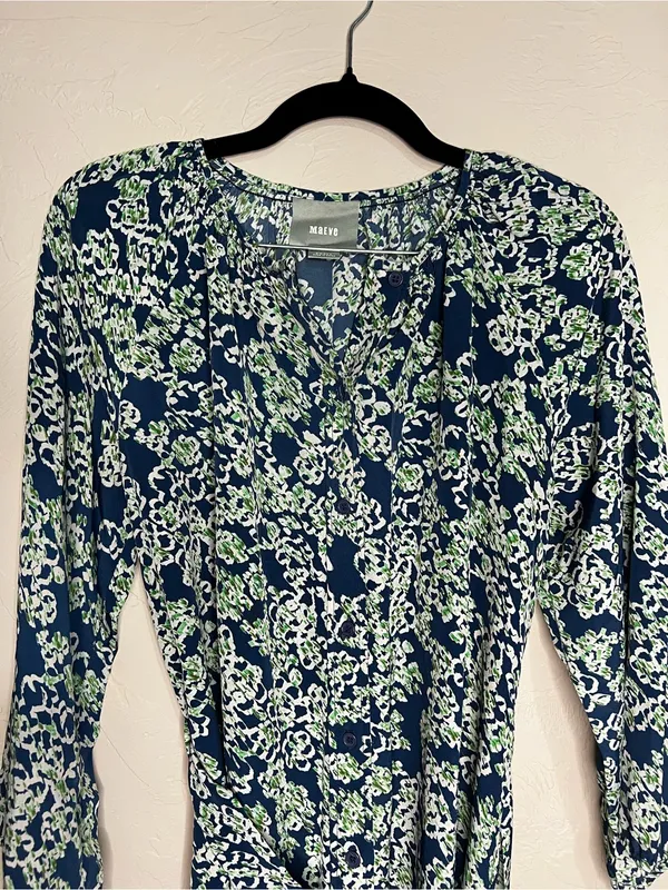 Maeve by Anthropologie Blue Green‎ Floral Button Front Tie Waist Dress - Image 3