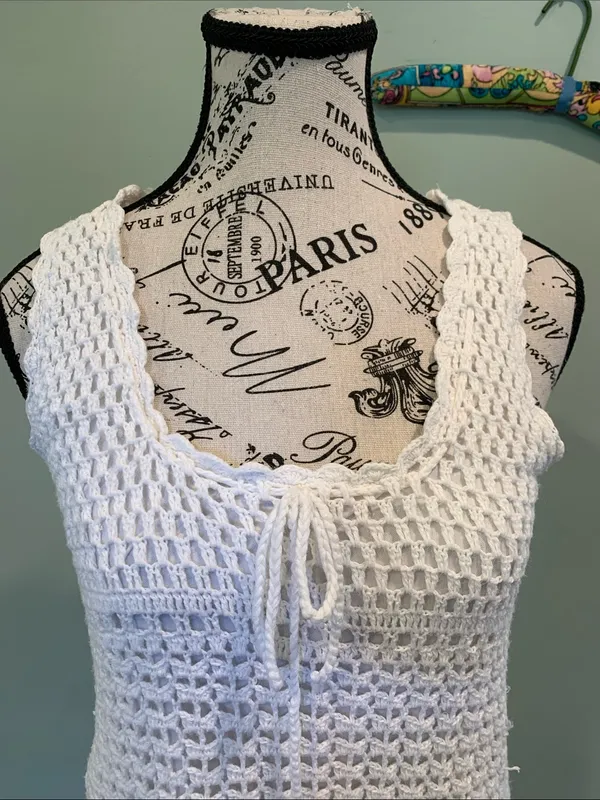 Y2K J.J. Basics Women’s Juniors Medium White Sleeveless Scoop Neck Crochet Dress - Image 2