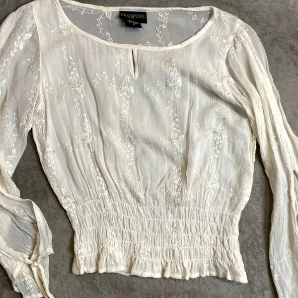 Women's Embroidered Smocked Top Size S Ethereal Fairycore Split Sleeve Sheer - Image 9