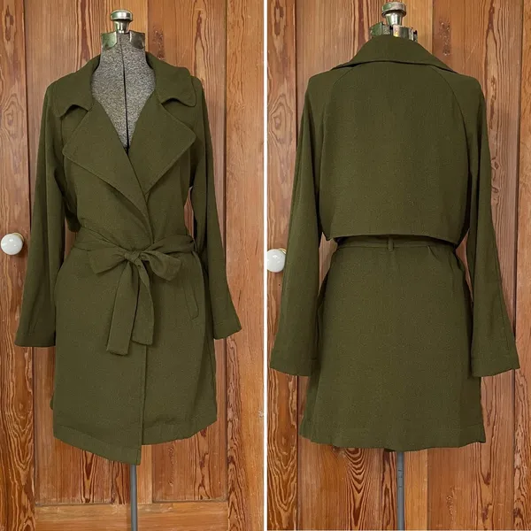 SOPHIE RUE Classic Lightweight Belted Lightweight Olive Green Trench Coat~XL - Image 2