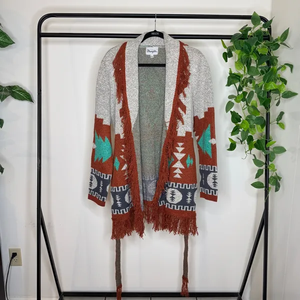 Wrangler Boho Western Aztec Print Fringe Belted Cardigan size XL - Image 2