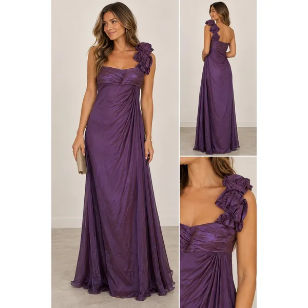 Rickie Freeman Teri Jon Gown Silk Chiffon Purple One Shoulder Rosette Womens 6 - Image 2