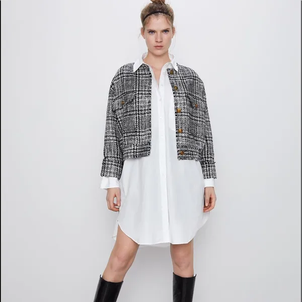 Zara Houndstooth Bomber TWEED Jacket w/ Pockets & Gold Buttons Black/White NEW - Image 6