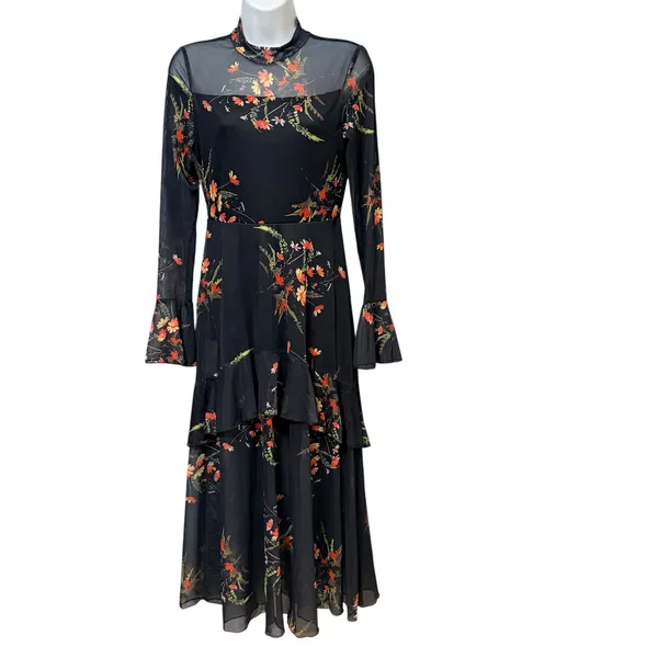 Floral Sheer Mesh Mock Neck Tiered Ruffle Midi Dress Black Orange Red Small - Image 2