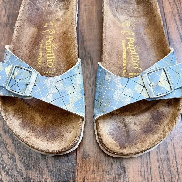 Birkenstock • Papillio Madrid Birko-Flor sandals slides blue argyle plaid - Image 3