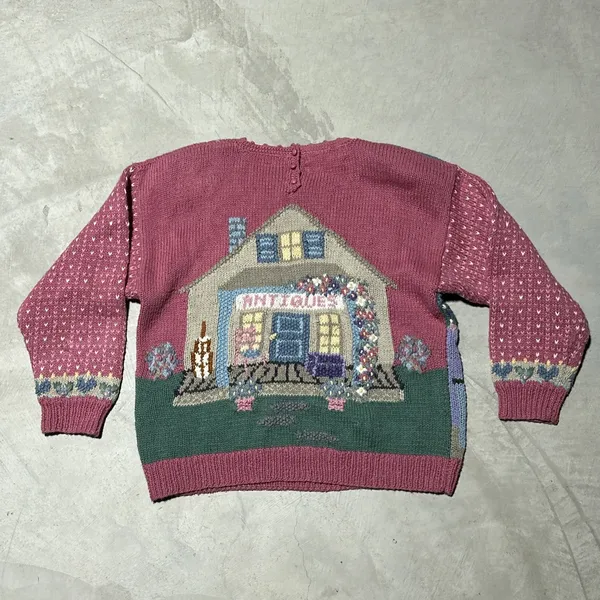 Vintage Hand Knitted Cardigan Sweater SZ L Cottagecore Antiques Farm House Pink - Image 10