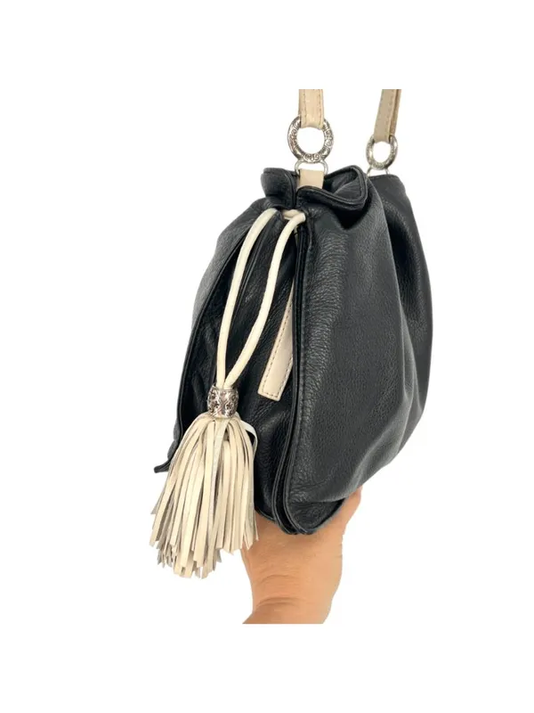 Brighton Boho Western Bucket Slouch Bag Leather Black White Tassel Silver Charms - Image 3