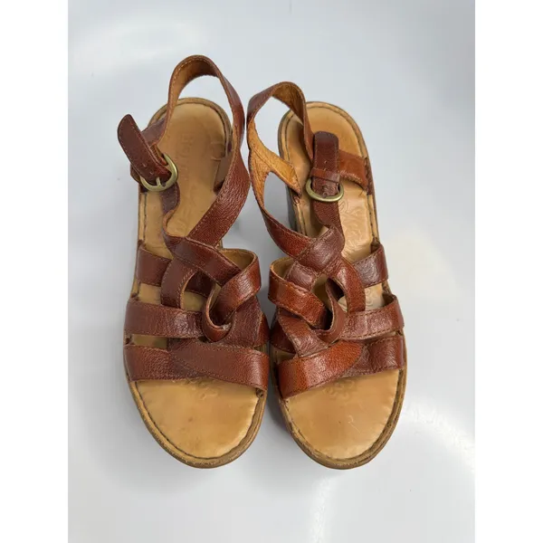 Born Strappy Platform Sandals Womens 8 Brown Good Leather Woven Block Heel - Image 2