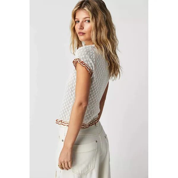 Free People White Garner Tee Pointelle Floral Lettuce Edge Trim Cotton Small - Image 3