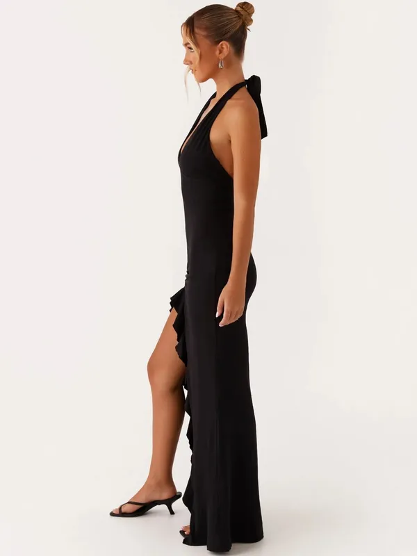 Peppermayo Black Halter Top High Slit Ruched Maxi Dress Size 4 New with Tags - Image 2