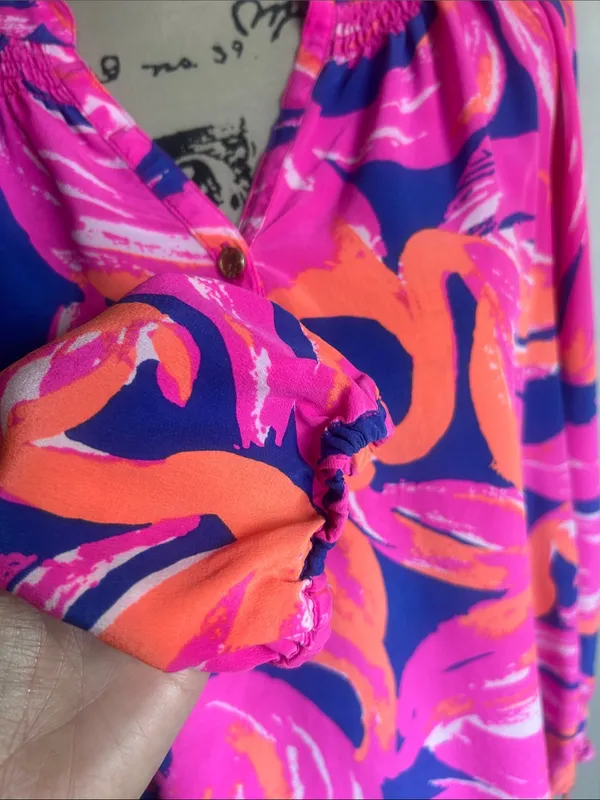 Lilly Pulitzer Elsa Plume Blume Flamingo Silk Long Sleeve Blouse Size Medium - Image 7