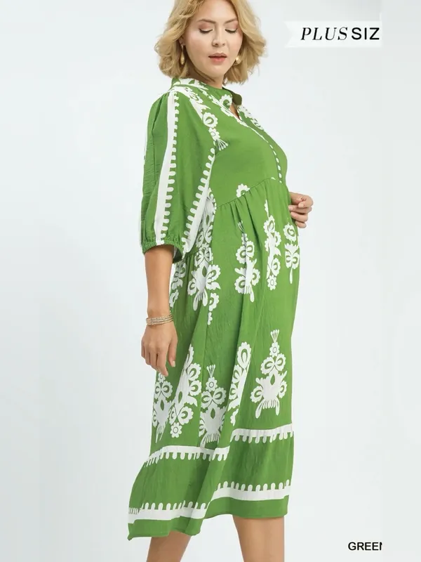 New! Umgee Plus Size Green Cream Abstract Midi Dress Size 2X - Image 4