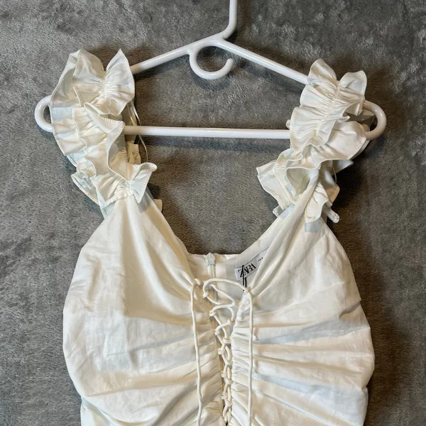 Zara Sz S Draped Linen Blend Dress in Oyster White‎ Women's New - Image 2