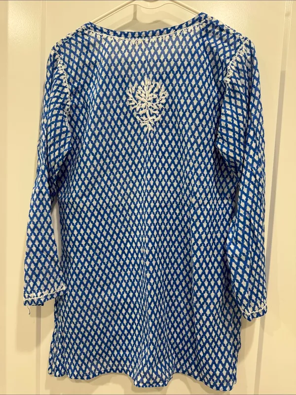 Mul cotton Blue and White Embroidered V-Neck Tunic Top kurti top - Image 4