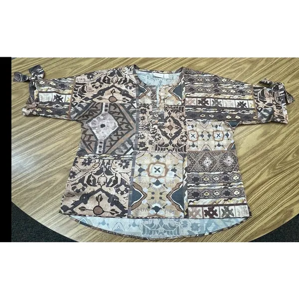 Chico's Women’s xl Aztec Brown Print Gold silky tie sleeves career Tribal Size 3 - Image 4