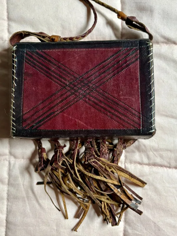 Vtg Handmade Tuareg Leather Fringe Crossbody Bag - African Tribal Boho Festival - Image 5
