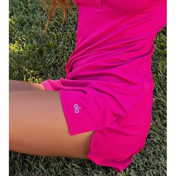 Alo Charmed Tennis Dress Magenta Crush Button-Up V-Neck Sleeveless Henley Mini L - Image 9