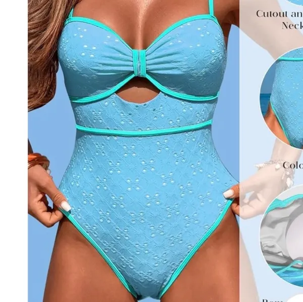 Bright Aqua Women's One Piece Swimsuit Sexy Cutout Monokini High Cut Size Medium - Image 4