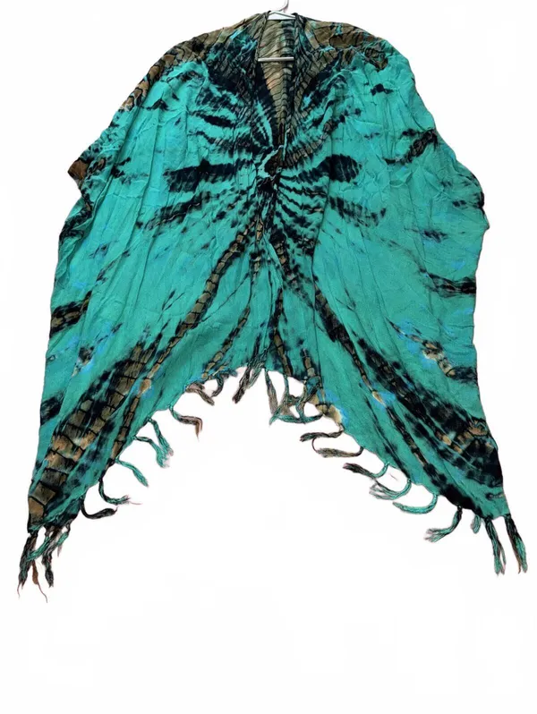 Boho Teal Turquoise Tie Dye Asymmetrical Fringe Kimono Poncho Wrap Cover Up - Image 2