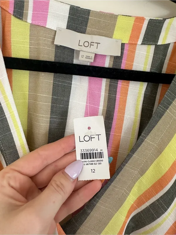 LOFT Multicolor Striped Button-Front V-Neck Dress Midi Length Size 12 NWT - Image 5