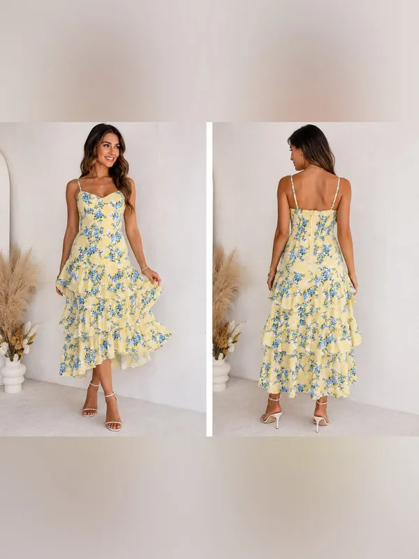Abercrombie & Fitch Yellow Floral Tiered Midi Dress with Blue Accents - Image 2
