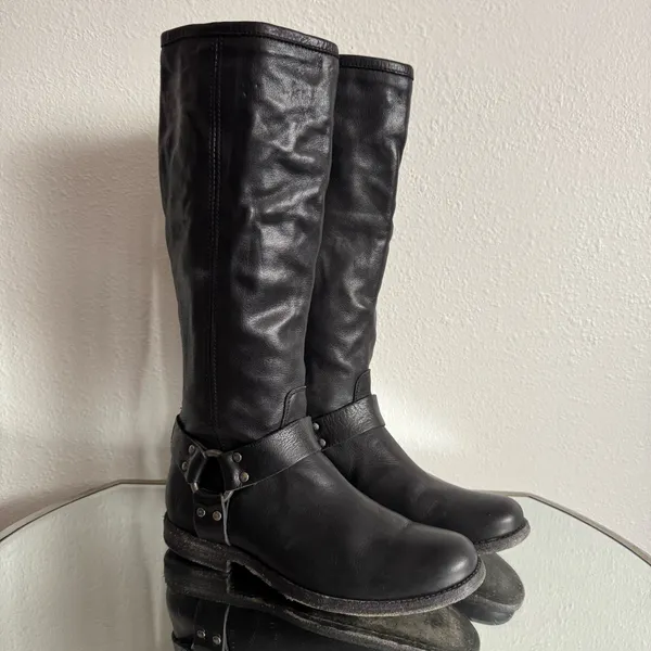 FRYE Black Leather Phillip Harness Tall Knee High Preppy Moto Riding Boots - Image 4