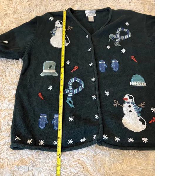 Ugly Christmas Sweater Cardigan Womens XL Green Snowman Mittens Scarf Poinsettia - Image 4