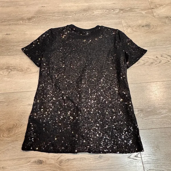 DKNY‎ Black Sequin Short Sleeve T-Shirt Top Womens Size Small S Sparkle Glam - Image 2