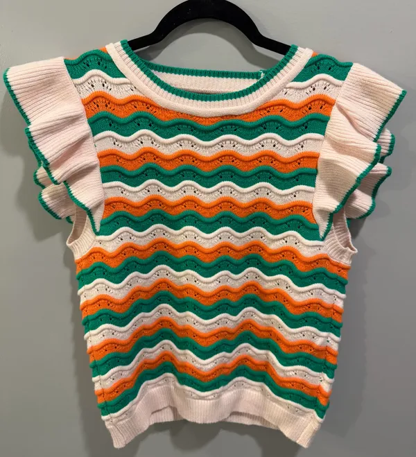 THML Flutter Sleeve Pink, Green, and Orange Wave Print Knit Top - Image 2
