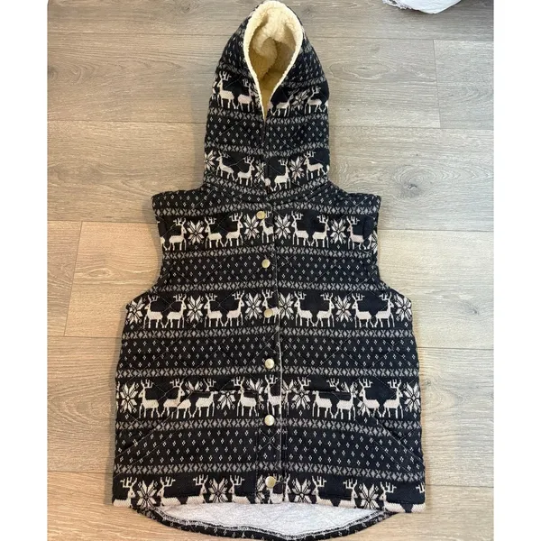 Free People Quilted Vest Fleece Lined Hood Deer Pattern‎ Size Extra Small - Image 2