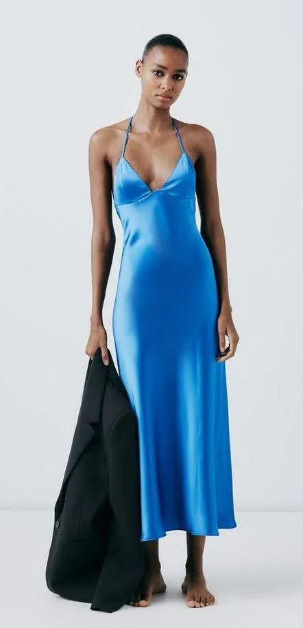 Zara Dress Cobalt Blue Satin Effect Maxi Midi Wedding Party Date Coctail - Image 12