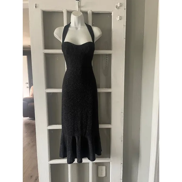 Anthropologie Hutch Black Textured Halter Midi Dress Flounce Hem - Image 6