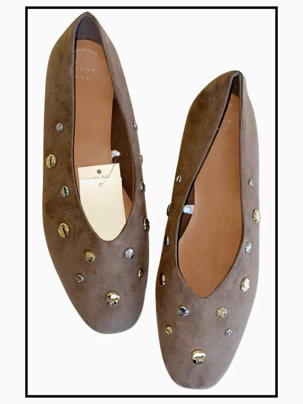 NEW A new day Suede Studded Ballet Flats In Rich Brown Taupe Almond Toe Size 12 - Image 7