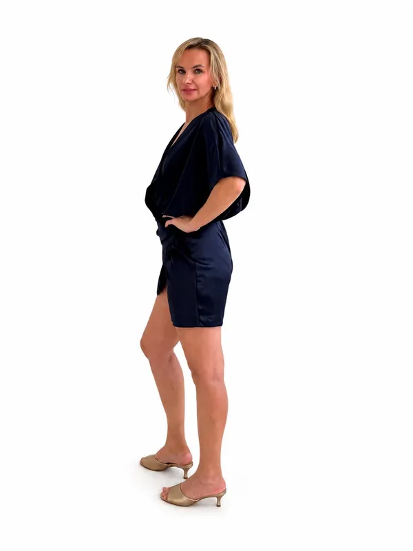 ASOS Navy Satin Wrap Mini Dress Size US 8 Tie Waist Open Back - Image 3